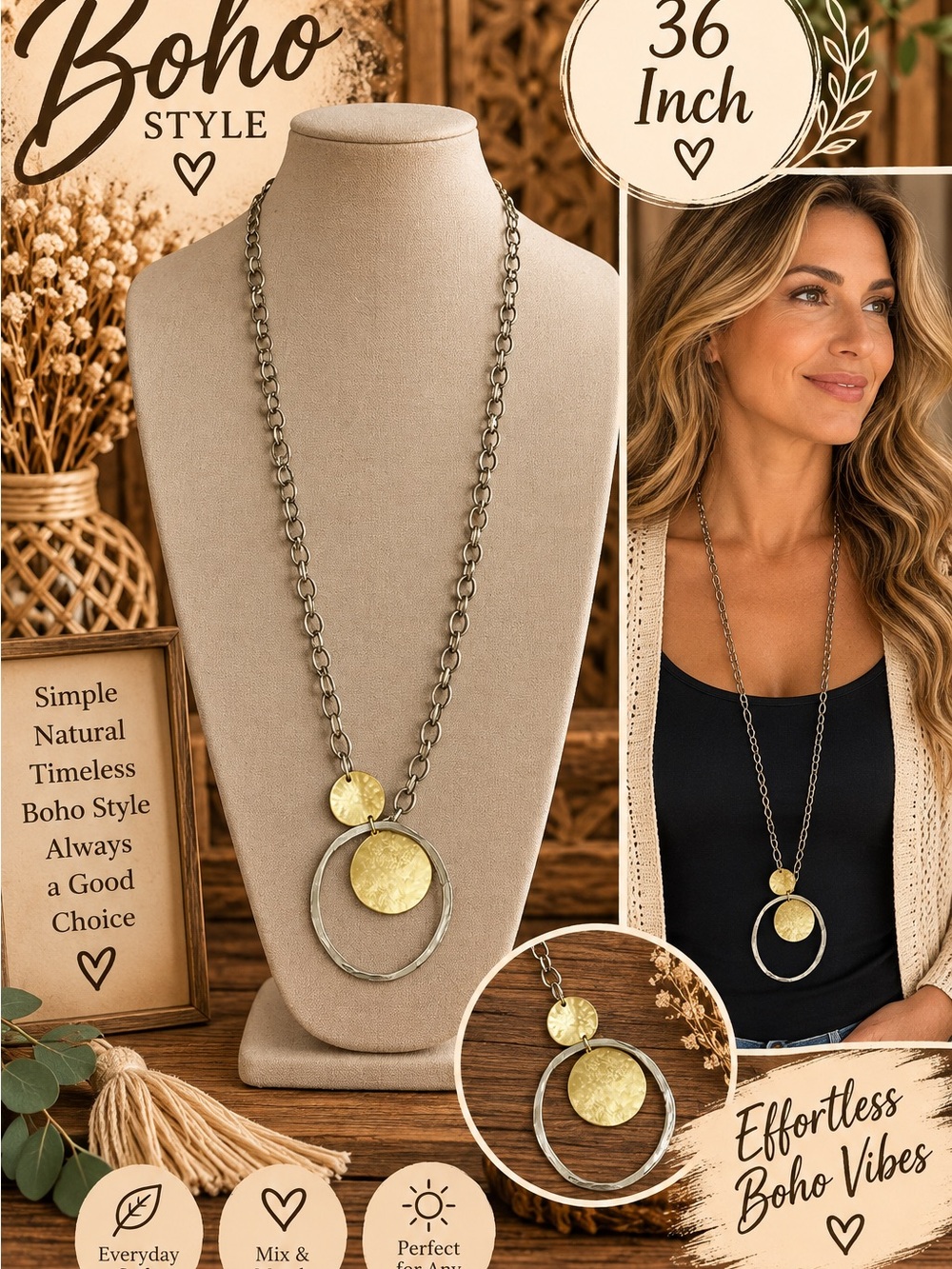 728 Boho Two-Tone Circle Pendant Necklace - Gold & Silver
